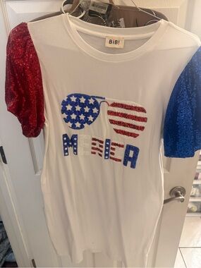 BiBi White Tee Dress with Red Sequin Left Sleeve and Blue Sequin Right Sleeve